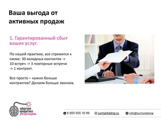 Ваша выгода от 
активных продаж 
1. Гарантированный сбыт 
ваших услуг. 
По нашей практике, все стремится к 
схеме: 30 холодных контактов -> 
10 встреч -> 3 повторные встречи 
-> 1 контракт. 
Все просто – нужно больше 
контрактов? Делаем больше звонков. 
8 800 555 16 89 jurmarketing.ru info@jurmarketing 
 