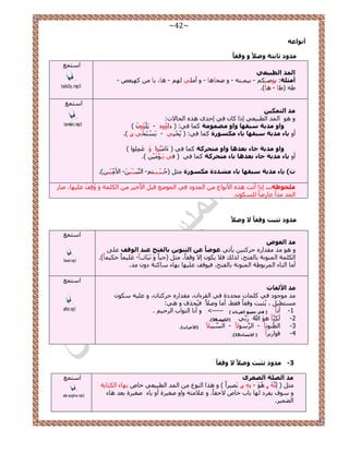 ~42~ 
أ ٛٔاػ ذِٚد صبثزخ ٚطلاً ٚ ٚلفبً 
ا ذٌّ ا طٌج ١ؼٟ 
أ ضِ خٍ: ٣ٞٛ ٤ - ر ٤ٔ ٤ ٚ٘ - ٝ ٟلخٛخ - ٝ أ ٢ِٓ ُٜ - ٛخ، ٣خ ًٜ ٤ؼٚ - 
١ٚ ) ١خ - ٛخ(. 
ح ظٓ غٔ 
tabi3y.mp3 
ذِ ا زٌ ىّ ١ 
ٝ ٛٞ ح ئُ ح طُز ٤ؼ ٢ ا حً خً ك ٢ اكيٟ ٛ ٌٙ ح لُخ ٫ص: 
ٚاٚ ذِ ٠خ عجمٙب ٚاٚ ؼِ ّٛ خِ خًٔ ك ٢: ) ىحُٝٝى - ٣َ ُٞٝ ( 
٣َ ظَْٔلْ ٢ِ ٞ (. - ٢ ٣لْ ٤ ( : أٝ ٠بء ذِ ٠خ عجمٙب ٠بء ىِغٛسح خًٔ ك ٢ 
ٚاٚ ذِ ٠خ عبء ثؼذ ب٘ ٚاٚ زِؾشوخ خًٔ ك ٢ ) ءَح ٞح َٝ ػَ ِِٞٔح ( 
.) ٣َـْٞ ٤َْٓ أٝ ٠بء ذِ ٠خ عبء ثؼذ ب٘ ٠بء زِؾشوخ خًٔ ك ٢ ) ك ٢ 
.)ٖ ٤٤ِّ د( ٠بء ذِ ٠خ عجمٙب ٠بء شِذدح ىِغٛسح ؼٓ )كُـ ٤ِّـ ٤ـظ -ْ ح زَُّ٘ ٤ـ ٤ّ -ٖ ح ٧ 
ح ظٓ غٔ 
tamkin.mp3 
ؾٍِٛظخ... ا حً أطض ٛ ٌٙ ح ٧ ٞٗحع ح ئُٝى ك ٢ ح ُٟٞٔغ هز ح ٧ه ٤ ح شٌُِٔ َٝ ُٝهِقَ ػ ٤ِٜخ، ٛخ ح ئُ يٓحً ػخ ٍٟخً ٌُِٞٔ .ٕ 
ذِٚد رضجذ ٚلفبً لا ٚطلا ذِ ا ؼٌٛع 
٣ؤط ٢ ػٛػبً ػ ا زٌ ٕٛ ٠ ثب فٌزؼ ػ ذٕ ا ٌٛلف ػ ٠ِ ٝ ٛٞ يٓ وٓيح ٍٙ ك ظًَ ٤ 
٣ ٌٞ ا ٫ ٝهلخً، ؼٓ )كزخً َٝ زََٗخطــ خً- ػَ ٤ِ خًٔ ك ٤ٌ خً(. ح شٌُِٔ ح ُٞٔ٘ شٗ رخ لُظق، يٌُُ ك ٬ 
أ خٓ ح ظُخء ح رَُٔٞ ١ش ح ُٞٔ٘ شٗ رخ لُظق، ك ٤ٞهق ػ ٤ِٜخ رٜخء خٓ شً٘ ىٝ يٓ. 
ح ظٓ غٔ 
3iwad.mp3 
ذِ الأ فٌبد 
يٓ ٞٓؿٞى ك ٢ خًِٔص لٓيىس ك ٢ ح وُ ءَح ،ٕ وٓيح ٍٙ ك ظًَخ ،ٕ ٝ ػ ٤ِٚ ٌٞٓ : ٣ُؼزض ٝهلخً كو ٢، أ خٓ ٝٛ ٬ً ك ٤ُل فٌ ٝ ٛ ٢ ، ظٓٔط ٤ 
. -1 أ خ ) فٟ ع ١ّغ ا مٌشءا ( -----< ٝ أ خٗ ح ظُٞحد ح كَُ ٤ 
.) -2 خْ َٛٞ اللهُ رٍَِّ ٢ )ا ىٌٙف 38 
-3 ح ظُُ ٞ٘ خْٗ - ح ََُّٞٓ ٫ْ - ح زَُّٔ ٬ْ٤ )الأؽضاة(. 
.) -4 هٞح ٣ٍ حَْ ) الإ غٔب 15ْ 
ح ظٓ غٔ 
alifat.mp3 
-3 ذِٚد رضجذ ٚطلاً لا ٚلفب ذِ ا ظٌ خٍ ا ظٌغشٜ 
ؼٓ ) ا ُٚ ٚ َُٛٞ - رِِٚ ٞ رَٜ ٤ حًَ ( ٝ ٛ حٌ ح ُٞ٘ع ح ئُ ح طُز ٤ؼ ٢ هخٙ رٜخء ح خٌُ٘ ٣ش 
ٝ ٞٓف ٣ل ىَ ُٜخ رخد هخٙ ٫كوخً. ٝ ػ ٬ ظٓٚ ٝحٝ ٛـ ٤ سَ أٝ ٣خء ٛـ ٤ سَ رؼي ٛخء 
.َ ح ٤ٔ ٠ُ 
ح ظٓ غٔ 
sila soghra.mp3 
 