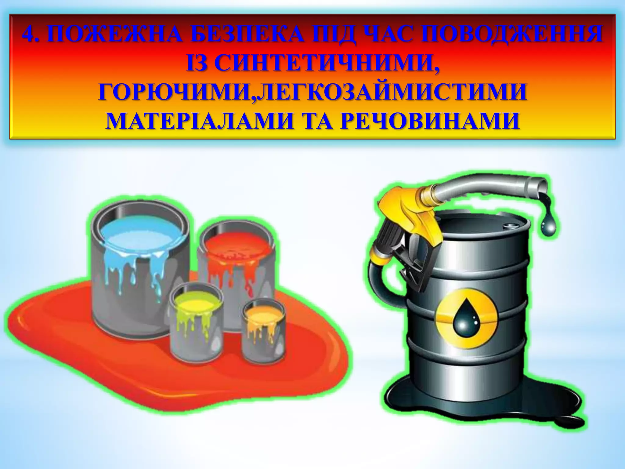 4. ПОЖЕЖНА БЕЗПЕКА ПІД ЧАС ПОВОДЖЕННЯ 
ІЗ СИНТЕТИЧНИМИ, 
ГОРЮЧИМИ,ЛЕГКОЗАЙМИСТИМИ 
МАТЕРІАЛАМИ ТА РЕЧОВИНАМИ 
 