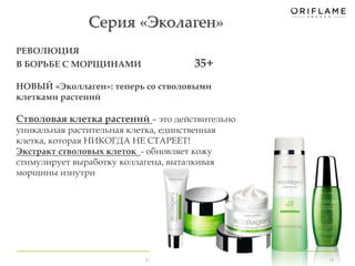 Серия «Эколаген» 
РЕВОЛЮЦИЯ 
В БОРЬБЕ С МОРЩИНАМИ 35+ 
НОВЫЙ «Эколлаген»: теперь со стволовыми 
клетками растений 
Стволовая клетка растений – это действительно 
уникальная растительная клетка, единственная 
клетка, которая НИКОГДА НЕ СТАРЕЕТ! 
Экстракт стволовых клеток - обновляет кожу 
стимулирует выработку коллагена, выталкивая 
морщины изнутри 
011 by Oriflame Cosmetics SA 15 
 