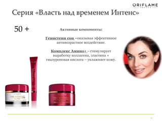 Серия «Власть над временем Интенс» 
50 + 
19 
Активные компоненты: 
Генистеин сои –оказывая эффективное 
антивозрастное воздействие. 
Комплекс Амино+ - стимулирует 
выработку коллагена, эластина + 
гиалуроновая кислота – увлажняет кожу. 
 
