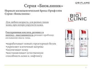 Серия «Биоклиник» 
Первый космецевтический бренд Орифлэйм 
Серия «Биоклиник» 
Для любого возраста, для разных типов 
кожи, при потере упругости кожи. 
•вырабатывает новый структурный белок 
•укрепляет клеточный матрикс 
•подтягивает кожу 
•восстанавливает естественную 
способность кожи к лифтингу 
20 
Гиалуроновая кислота, ретинол и 
пептид – восстановитель решают проблему 
оплывания овала лица. 
 