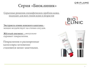 Серия «Биоклиник» 
21 
Серьезные решения специфических проблем кожи, 
подходит для всех типов кожи и возрастов 
Экстракта семян конского каштана - 
мощно воздействует на стенки сосудов. 
Жёлтый пигмент – визуально 
скрывает покраснения. 
Покраснения и расширенные 
капилляры мгновенно 
становятся менее заметными. 
 