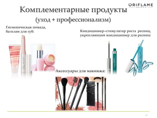Комплементарные продукты 
(уход + професcионализм) 
Гигиеническая помада, 
бальзам для губ: Кондиционер–стимулятор роста ресниц, 
укрепляющий кондиционер для ресниц: 
27 
Аксессуары для макияжа: 
 