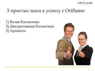 3 простых шага к успеху с Oriflame: 
39 
1) Белая Косметика 
2) Декоративная Косметика 
3) Ароматы 
 