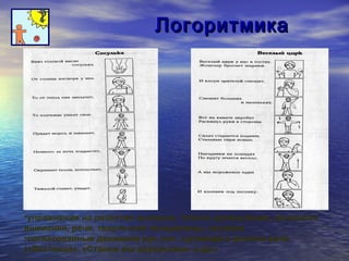 ЛЛооггооррииттммииккаа 
•упражнения на развитие дыхания, голоса, артикуляции, активного 
внимания, речи, творческой инициативы, словаря 
•согласованные движения рук, ног, туловища с ритмом речи 
(«Лестница», «Станем мы деревьями» и др.) 
 