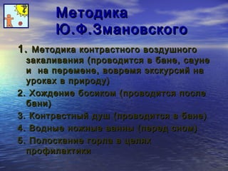 ММееттооддииккаа 
ЮЮ..ФФ..ЗЗммааннооввссккооггоо 
11.. ММееттооддииккаа ккооннттрраассттннооггоо ввооззддуушшннооггоо 
ззааккааллиивваанниияя ((ппррооввооддииттссяя вв ббааннее,, ссааууннее 
ии ннаа ппееррееммееннее,, ввооввррееммяя ээккссккууррссиийй ннаа 
ууррооккаахх вв ппррииррооддуу)) 
22.. ХХоожжддееннииее ббооссииккоомм ((ппррооввооддииттссяя ппооссллее 
ббааннии)) 
33.. ККооннттрраассттнныыйй ддуушш ((ппррооввооддииттссяя вв ббааннее)) 
44.. ВВоодднныыее нноожжнныыее вваанннныы ((ппеерреедд сснноомм)) 
55.. ППооллооссккааннииее ггооррллаа вв ццеелляяхх 
ппррооффииллааккттииккии 
 