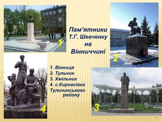 Пам’ятники 
Т.Г. Шевченку 
на 
Вінниччині 
1. Вінниця 
2. Тульчин 
3. Хмільник 
4. с.Кирнасівка 
Тульчинського 
району 
1 
3 
2 
4 
32 
 