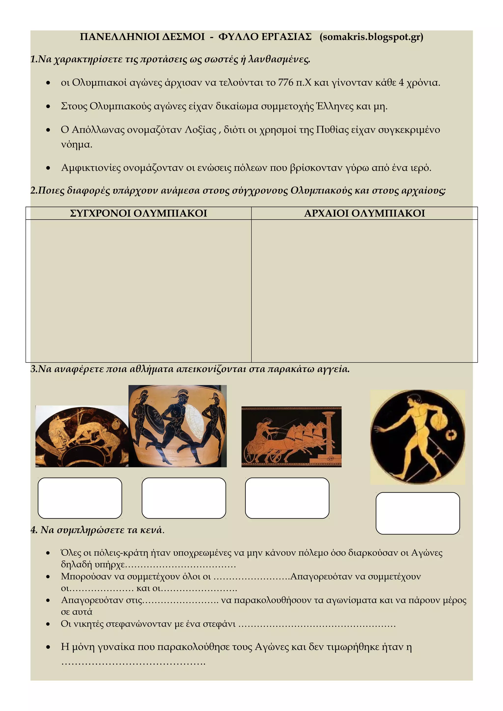 ΠΑΝΕΛΛΗΝΙΟΙ ΔΕΣΜΟΙ - ΦΥΛΛΟ ΕΡΓΑΣΙΑΣ (somakris.blogspot.gr) 
1.Να χαρακτηρίσετε τις προτάσεις ως σωστές ή λανθασμένες. 
· οι Ολυμπιακοί αγώνες άρχισαν να τελούνται το 776 π.Χ και γίνονταν κάθε 4 χρόνια. 
· Στους Ολυμπιακούς αγώνες είχαν δικαίωμα συμμετοχής Έλληνες και μη. 
· Ο Απόλλωνας ονομαζόταν Λοξίας , διότι οι χρησμοί της Πυθίας είχαν συγκεκριμένο 
νόημα. 
· Αμφικτιονίες ονομάζονταν οι ενώσεις πόλεων που βρίσκονταν γύρω από ένα ιερό. 
2.Ποιες διαφορές υπάρχουν ανάμεσα στους σύγχρονους Ολυμπιακούς και στους αρχαίους; 
ΣΥΓΧΡΟΝΟΙ ΟΛΥΜΠΙΑΚΟΙ ΑΡΧΑΙΟΙ ΟΛΥΜΠΙΑΚΟΙ 
3.Να αναφέρετε ποια αθλήματα απεικονίζονται στα παρακάτω αγγεία. 
4. Να συμπληρώσετε τα κενά. 
· Όλες οι πόλεις-κράτη ήταν υποχρεωμένες να μην κάνουν πόλεμο όσο διαρκούσαν οι Αγώνες 
δηλαδή υπήρχε……………………………… 
· Μπορούσαν να συμμετέχουν όλοι οι …………………….Απαγορευόταν να συμμετέχουν 
οι………………… και οι……………………. 
· Απαγορευόταν στις……………………. να παρακολουθήσουν τα αγωνίσματα και να πάρουν μέρος 
σε αυτά 
· Οι νικητές στεφανώνονταν με ένα στεφάνι …………………………………………… 
· Η μόνη γυναίκα που παρακολούθησε τους Αγώνες και δεν τιμωρήθηκε ήταν η 
……………………………………. 
