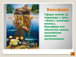 Биосфера 
Сфера жизни (в 
переводе с греч. 
«биос» означает 
жизнь). 
Биосфера-это 
оболочка земли, 
заселённая 
живыми 
организмами. 
 