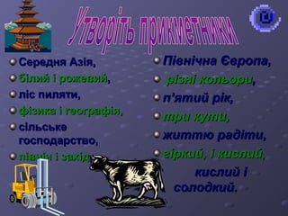 ССеерреедднняя ААззііяя,, 
ббііллиийй іі рроожжееввиийй,, 
лліісс ппиилляяттии,, 
ффііззииккаа іі ггееооггррааффііяя,, 
ссііллььссььккее 
ггооссппооддааррссттввоо,, 
ппііввнніічч іі ззааххіідд,, 
ППііввннііччннаа ЄЄввррооппаа,, 
ррііззнніі ккооллььооррии,, 
пп’’яяттиийй рріікк,, 
ттррии ккууттии,, 
жжииттттюю ррааддііттии,, 
ггііррккиийй,, іі ккииссллиийй,, 
ккииссллиийй іі 
ссооллооддккиийй.. 
 