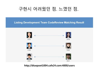 구현시 어려웠던 점. 느꼈던 점. 
http://bluepoet1004.cafe24.com:4000/users 
 