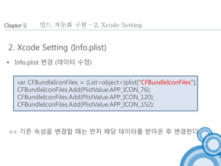 Chapter 2 
빌드 자동화 구현 – 2. Xcode Setting 
2. Xcode Setting (Info.plist) 
 Info.plist 변경 (데이터 수정) 
var CFBundleIconFiles = ...