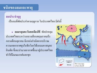 ชนิดของลมและพายุ 
ลมประจาฤดู 
เป็นลมที่พัดประจา ตามฤดูกาล ในประเทศไทย มีดังนี้ 
 ลมมรสุมตะวันตกเฉียงใต้พัดปกคลุม 
ประเทศไทยระหว่างกลางเดือนพฤษภาคมถึง 
กลางเดือนตุลาคม มีแหล่งกา เนิดจากบริเวณ 
ความกดอากาศสูงในซีกโลกใต้แถบมหาสมุทร 
อินเดีย ซึ่งจะนา มวลอากาศชื้นมาสู่ประเทศไทย 
ทา ให้มีเมฆมากฝนตกชุก 
 