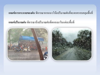 เกณฑ์การกระจายของฝน พิจารณาจากแนวโน้มปริมาณฝนที่จะตกครอบคลุมพื้นที่ 
เกณฑ์ปริมาณฝน พิจารณาถึงปริมาณฝนที่ตกลงมาในแต่ละพื้นที่ 
 