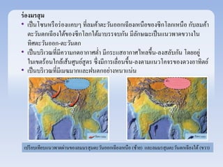 ร่องมรสุม 
• เป็นโซนหรือร่องแคบๆ ที่ลมค้าตะวันออกเฉียงเหนือของซีกโลกเหนือ กับลมค้า 
ตะวันตกเฉียงใต้ของซีกโลกใต้มาบรรจบกัน มีลักษณะเป็นแนวพาดขวางใน 
ทิศตะวันออก-ตะวันตก 
• เป็นบริเวณที่มีความกดอากาศต่า มีกระแสอากาศไหลขึ้น-ลงสลับกัน โดยอยู่ 
ในเขตร้อนใกล้เส้นศูนย์สูตร ซึ่งมีการเลื่อนขึ้น-ลงตามแนวโคจรของดวงอาทิตย์ 
• เป็นบริเวณที่มีเมฆมากและฝนตกอย่างหนาแน่น 
เปรียบเทียบแนวพาดผ่านของลมมรสุมตะวันออกเฉียงเหนือ (ซ้าย) และลมมรสุมตะวันตกเฉียงใต้(ขวา) 
 