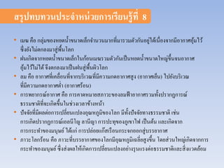 สรุปทบทวนประจาหน่วยการเรียนรู้ที่8 
• เมฆ คือ กลุ่มของหยดน้า ขนาดเล็กจา นวนมากที่มารวมตัวกันอยู่ได้เนื่องจากมีอากาศอุ้มไว้ 
ซึ่งยังไม่ตกลงมาสู่พื้นโลก 
• ฝนเกิดจากหยดน้า ขนาดเล็กในก้อนเมฆรวมตัวกันเป็นหยดน้า ขนาดใหญ่ขึ้นจนอากาศ 
อุ้มไว้ไม่ได้ จึงตกลงมาเป็นฝนสู่พื้นผิวโลก 
• ลม คือ อากาศที่เคลื่อนที่จากบริเวณที่มีความกดอากาศสูง (อากาศเย็น) ไปยังบริเวณ 
ที่มีความกดอากาศต่า (อากาศร้อน) 
• การพยากรณ์อากาศ คือ การคาดหมายสภาวะของลมฟ้าอากาศรวมทั้งปรากฏการณ์ 
ธรรมชาติที่จะเกิดขึ้นในช่วงเวลาข้างหน้า 
• ปัจจัยที่มีผลต่อการเปลี่ยนแปลงอุณหภูมิของโลก มีทั้งปัจจัยทางธรรมชาติ เช่น 
การเกิดปรากฏการณ์เอลนีโญ ลานีญา การปะทุของภูเขาไฟ เป็นต้น และเกิดจาก 
การกระทา ของมนุษย์ ได้แก่ การปล่อยแก๊สเรือนกระจกออกสู่บรรยากาศ 
• ภาวะโลกร้อน คือ ภาวะที่บรรยากาศของโลกมีอุณหภูมิเฉลี่ยสูงขึ้น โดยส่วนใหญ่เกิดจากการ 
กระทา ของมนุษย์ ซึ่งส่งผลให้เกิดการเปลี่ยนแปลงอย่างรุนแรงต่อธรรมชาติและสิ่งแวดล้อม 
