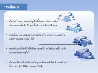 การเกิดฝน 
• เมื่อไอน้า ในอากาศลอยตัวสูงขึ้นไปกระทบกับอากาศเย็น 
เบื้องบน จะกลั่นตัวเป็นหยดน้า เล็กๆ รวมตัวกันเป็นเมฆ 
• หยดน้า ขนาดเล็กรวมตัวกันมีขนาดใหญ่ขึ้น และมีน้า หนักมากขึ้น 
แต่อากาศยังสามารถอุ้มไว้ได้ 
• หยดน้า รวมตัวกันต่อไปอีกมีขนาดและมีน้า หนักเพิ่มมากขึ้น แต่ยัง 
สามารถล่องลอยอยู่ได้ 
• เมื่อหยดน้า รวมตัวกันมีขนาดใหญ่มากขึ้น และมีน้า หนักมากเกินกว่า 
ที่อากาศจะอุ้มไว้ได้ก็จะตกลงมาเป็นฝน 
 