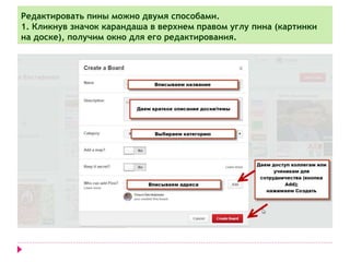 Редактировать пины можно двумя способами. 
1. Кликнув значок карандаша в верхнем правом углу пина (картинки 
на доске), получим окно для его редактирования. 
 