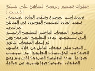 خطوات تصميم وبرمجة المناهج على شبكة 
الانترنت : 
_ تحديد اسم الموضوع وتنظيم المادة التعليمية . 
_ تنظيم المادة التعليمية الموجودة في المناهج 
الدراسي. 
_ تصميم الصفحات الداخلية التعليمية الرئيسية 
التي ستتضمنها المادة التعليمية المبرمجة ومن 
ثم إعداد الصفحات الثانوية 
_ البحث على صفحات الدليل من خلال حاسوب 
الخدمة عند المؤسسات التعليمية التي سينسب 
لعنوانها المادة التعليمية المبرمجة لكي يتم وضع 
الصفحات التعليمية فيها ونشرها من خلالها. 
16 
 