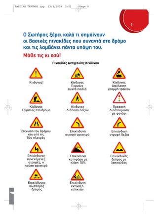 9 
PAIDIKO TRAUMA3.qxp 12/9/2008 2:02 Page 9 
Ο Σωτήρης ξέρει καλά τι σημαίνουν 
οι βασικές πινακίδες που συναντά στο δρόμο 
και τις λαμβάνει πάντα υπόψη του. 
Μάθε τις κι εσύ! 
Κίνδυνος! Κίνδυνος 
Περνάνε 
συχνά παιδιά 
10% 
Κίνδυνος 
Αφύλακτη 
γραμμή τραίνου 
Κίνδυνος 
Εργασίες στο δρόμο 
Κίνδυνος 
Διάβαση πεζών 
Προσοχή 
Διασταύρωση 
με φανάρι 
Στένωση του δρόμου 
και από τις 
δύο πλευρές 
Επικίνδυνη 
στροφή αριστερά 
Επικίνδυνη 
στροφή δεξιά 
Επικίνδυνες 
συνεχόμενες 
στροφές, η 
πρώτη αριστερά 
Πινακίδες Αναγγελίας Κινδύνου 
Επικίνδυνη 
κατηφόρα με 
κλίση 10% 
Επικίνδυνος 
δρόμος με 
λακκούβες 
Επικίνδυνος 
ολισθηρός 
δρόμος 
Επικίνδυνη 
εκτίναξη 
χαλικιών 
 