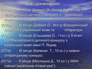 • ддооссяяггннеенннняя:: 
22000066рр.. ІІІІ ммііссццее ((ДДооввммаатт ОО..,, 99кклл..)) уу ІІІІ ееттааппіі VVIIII 
ММііжжннааррооддннооггоо ддииттяяччооггоо ккооннккууррссуу зз ууккррааїїннссььккооїї 
ммооввии ііммеенніі ПП.. ЯЯццииккаа.. 
22000066рр.. ІІІІІІ ммііссццее ((ДДооввммаатт ОО..,, 99кклл..))уу ВВссееууккррааїїннссььккіійй 
ооллііммппііааддіі зз ууккррааїїннссььккооїї ммооввии ттаа ллііттееррааттууррии.. 
22000077рр.. ІІІІІІ ммііссццее ((ЄЄллььшшааєєвваа ОО..,, 1111кклл..)) уу ІІІІ ееттааппіі 
VVIIIIІІ ММііжжннааррооддннооггоо ддииттяяччооггоо ккооннккууррссуу зз 
ууккррааїїннссььккооїї ммооввии ііммеенніі ПП.. ЯЯццииккаа.. 
22001100рр.. ІІІІІІ ммііссццее ((ККааллеенниикк ТТ..,, 1100 кклл..)) уу ммооввнноо-- 
ллііттееррааттууррннооммуу ккооннккууррссіі.. 
22001111рр.. ІІІІ ммііссццее ((ММооссннііццььккаа ДД..,, 1100 кклл..)) уу ММААНН 
((ссееккццііяя””ууккррааїїннссььккаа ллііттееррааттуурраа””));; 
 