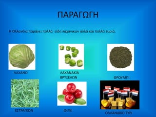 ΠΑΡΑΓΩΓΗ 
Η Ολλανδία παράγει πολλά είδη λαχανικών αλλά και πολλά τυριά. 
ΛΑΧΑΝΟ ΛΑΧΑΝΑΚΙΑ 
ΒΡΥΞΕΛΩΝ 
ΦΙΓΚΙ 
ΘΡΟΥΜΠΙ 
ΕΣΤΡΑΓΚΟΝ 
ΟΛΛΑΝΔΙΚΟ ΤΥΡΙ 
 