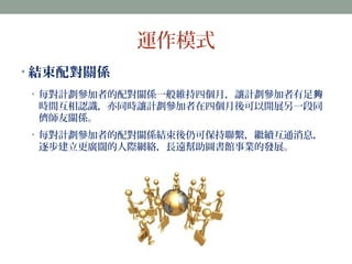 運作模式 
•結束配對關係 
• 每對計劃參加者的配對關係一般維持四個月，讓計劃參加者有足夠 
時間互相認識，亦同時讓計劃參加者在四個月後可以開展另一段同 
儕師友關係。 
• 每對計劃參加者的配對關係結束後仍可保持聯繫，繼續互通消息， 
逐步建立更廣闊的人際網絡，長遠幫助圖書館事業的發展。 
 