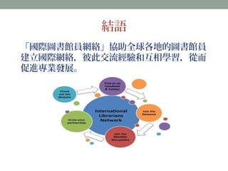 結語 
「國際圖書館員網絡」協助全球各地的圖書館員 
建立國際網絡，彼此交流經驗和互相學習，從而 
促進專業發展。 
 