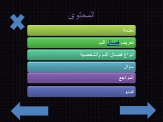 المحتوى 
مقدمة 
تعريف فصائل الدم 
انواع فصائل الدم والشخصية 
سؤال 
المراجع 
فيديو 
 