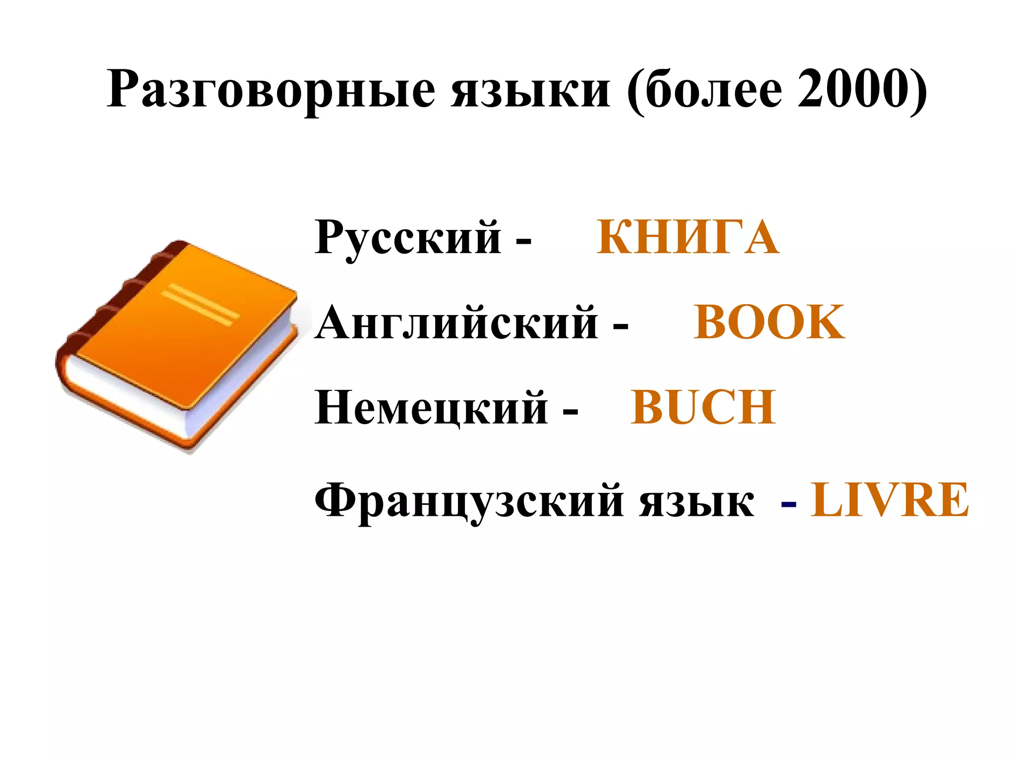 Разговорные языки (более 2000) 
Русский - КНИГА 
Английский - BOOK 
Немецкий - BUCH 
Французский язык - LIVRE 
 