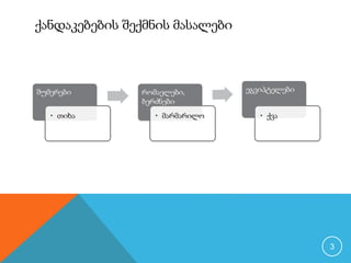 ქანდაკებების შექმნის მასალები 
შუმერები 
• თიხა 
რომაელები, 
ბერძნები 
• მარმარილო 
ეგვიპტელები 
• ქვა 
3 
 