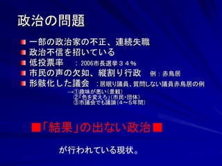 政治の問題 
一部の政治家の不正、連続失職 
政治不信を招いている 
低投票率 ：2006市長選挙３４％ 
市民の声の欠如、縦割り行政 例：赤鳥居 
形骸化した議会 ：居眠り議員、質問しない議員赤鳥居の例 
→①趣味が悪い（景観） 
②「色を変えろ」（市民・団体） 
③市議会でも議論（４～５年間） 
■「結果」の出ない政治■ 
が行われている現状。 
 