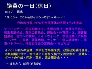 議員の一日（休日） 
８：３０ 起床 
１０：００～ ここからはイベントのオンパレード！ 
行政の行事、ＮＰＯや市民団体の各種イベント参加 
クリーンデー、防災訓練×２、各種お祭り・盆踊り手伝い、 
戦没者追悼式、敬老の日集会、運動会・体育祭×３、図書館 
勉強会、他市への視察、ナイトウォーク、市民活動（市民祭 
り・バザー、茶席、啓蒙活動、セミナー・個人講演会）、防 
犯パトロール、地元自治会の定例会･･･などなど 
イベント以外の活動…大学記念事業来賓、政策研究会打合せ、 
市民劇場打合せ、他市議との意見交換や交流会参加、活動レ 
ポートの作成・印刷・配布、議会報告会・・・ 
･･･疲れたら 就寝（自動的） 
 