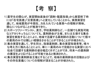 【考察】 
１）薬学生の関心が、実習開始直後の「調剤・服薬指導」から実習終了時 
には「在宅医療」「災害医療」へと変化していることから、実務実習を 
通して、地域薬局が今現在、力を入れている業務への理解が興味、 
関心につながることが推測できた。 ２）スポーツファーマシスト、漢方、学校薬剤師など、一店舗でも実施可能 
なコアカリキュラムについても、薬剤師会が主催、または主導する集合 
実習を実施することにより、地域で活躍する薬剤師の活動について個々 
の薬局のみでは難しい経験をさせることができることが示唆された。 
３）集合実習を通して、学生同士、指導薬剤師、集合実習指導者等、様々 
な考え方に触れることにより、単に一薬局のみで完結させる実習に比べ 
社会で活躍する薬剤師の姿を幅広く示すことができ、将来への薬剤師 
の展望をより広げることが可能であると推測された。 
４）集合実習を薬剤師会主催とすることで、地域の薬剤師会の活動および 
その存在意義についての理解が深まることが示唆された。 