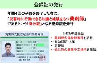 登録証の発行 
E-DSAP登録証 
年間４回の研修を修了した者に、 
「災害時に行動できる知識と経験をもつ薬剤師」 
であるという「身分証」となる登録証を発行 
•薬剤師名簿登録番号を記載 
•有効期間５年 
•更新制 
•発災時の参集予定場所を記載  