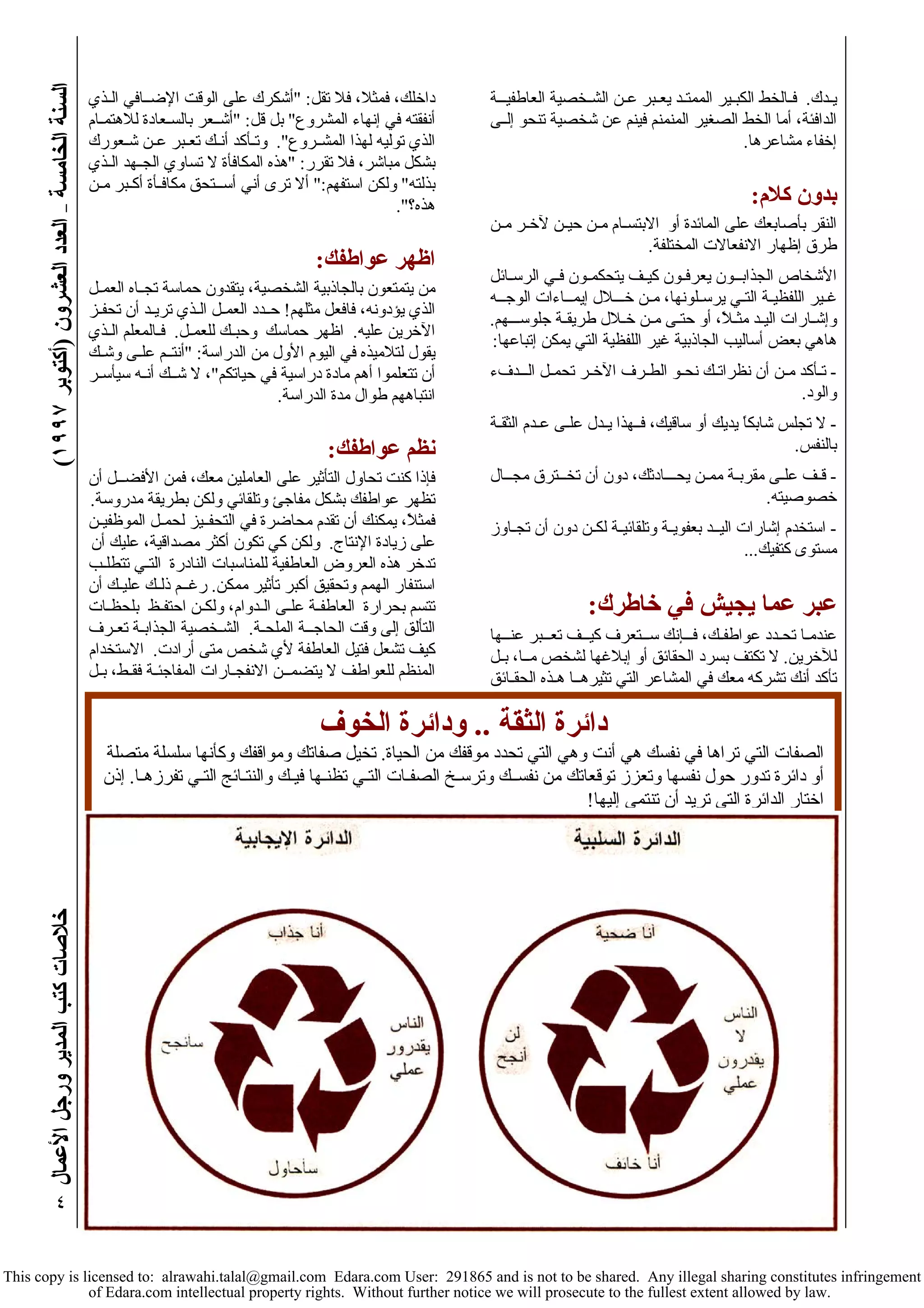 ( خلاصات آتب المدير ورجل الأعمال السنة الخامسة – العدد العشرون (أآتوبر ١٩٩٧ 
٤ 
يـدك. فـالخط الكبـير الممتـد يعـبر عـن الشـخصية العاطفيـــة 
الدافئة، أما الخط الصغير المنمنم فينم عن شخصية تنحو إلــى 
إخفاء مشاعرها. 
بدون آلام: 
النقر بأصابعك على المائدة أو الابتسـام مـن حيـن لآخـر مـن 
طرق إظهار الانفعالات المختلفة. 
الأشخاص الجذابــون يعرفـون آيـف يتحكمـون فـي الرسـائل 
غـير اللفظيـة التـي يرسـلونها، مـن خـــلال إيمــاءات الوجــه 
وإشـارات اليـد مثـلاً، أو حتـى مـن خـلال طريقـة جلوســـهم. 
هاهي بعض أساليب الجاذبية غير اللفظية التي يمكن إتباعها: 
- تـأآد مـن أن نظراتـك نحـو الطـرف الآخـر تحمـل الـــدفء 
والود. 
- لا تجلس شابكاً يديك أو ساقيك، فــهذا يـدل علـى عـدم الثقـة 
بالنفس. 
- قـف علـى مقربـة ممـن يحـــادثك، دون أن تخــترق مجــال 
خصوصيته. 
- استخدم إشارات اليــد بعفويـة وتلقائيـة لكـن دون أن تجـاوز 
مستوى آتفيك... 
عبر عما يجيش في خاطرك: 
عندمـا تحـدد عواطفـك، فـــإنك ســتعرف آيــف تعــبر عنــها 
للآخرين. لا تكتف بسرد الحقائق أو إبلاغها لشخص مــا، بـل 
تأآد أنك تشرآه معك في المشاعر التي تثيرهــا هـذه الحقـائق 
داخلك، فمثلا، فلا تقل: "أشكرك على الوقت الإضــافي الـذي 
أنفقته في إنهاء المشروع" بل قل: "أشــعر بالسـعادة للاهتمـام 
الذي توليه لهذا المشــروع". وتـأآد أنـك تعـبر عـن شـعورك 
بشكل مباشر، فلا تقرر: "هذه المكافأة لا تساوي الجــهد الـذي 
بذلته" ولكن استفهم:" ألا ترى أني أســتحق مكافـأة أآـبر مـن 
هذه؟". 
اظهر عواطفك: 
من يتمتعون بالجاذبية الشخصية، يتقدون حماسة تجــاه العمـل 
الذي يؤدونه، فافعل مثلهم! حــدد العمـل الـذي تريـد أن تحفـز 
الآخرين عليه. اظهر حماسك وحبـك للعمـل. فـالمعلم الـذي 
يقول لتلاميذه في اليوم الأول من الدراسة: "أنتــم علـى وشـك 
أن تتعلموا أهم مادة دراسية في حياتكم"، لا شــك أنـه سيأسـر 
انتباههم طوال مدة الدراسة. 
نظم عواطفك: 
فإذا آنت تحاول التأثير على العاملين معك، فمن الأفضــل أن 
تظهر عواطفك بشكل مفاجئ وتلقائي ولكن بطريقة مدروسة. 
فمثلاً، يمكنك أن تقدم محاضرة في التحفــيز لحمـل الموظفيـن 
على زيادة الإنتاج. ولكن آي تكون أآثر مصداقية، عليك أن 
تدخر هذه العروض العاطفية للمناسبات النادرة التـي تتطلـب 
استنفار الهمم وتحقيق أآبر تأثير ممكن. رغــم ذلـك عليـك أن 
تتسم بحرارة العاطفـة علـى الـدوام، ولكـن احتفـظ بلحظـات 
التألق إلى وقت الحاجــة الملحـة. الشـخصية الجذابـة تعـرف 
آيف تشعل فتيل العاطفة لأي شخص متى أرادت. الاستخدام 
المنظم للعواطف لا يتضمــن الانفجـارات المفاجئـة فقـط، بـل 
دائرة الثقة .. ودائرة الخوف 
الصفات التي تراها في نفسك هي أنت وهي التي تحدد موقفك من الحياة. تخيل صفاتك ومواقفك وآأنها سلسلة متصلة 
أو دائرة تدور حول نفسها وتعزز توقعاتك من نفســك وترسـخ الصفـات التـي تظنـها فيـك والنتـائج التـي تفرزهـا. إذن 
اختار الدائرة التي تريد أن تنتمي إليها! 
This copy is licensed to: alrawahi.talal@gmail.com Edara.com User: 291865 and is not to be shared. Any illegal sharing constitutes infringement 
of Edara.com intellectual property rights. Without further notice we will prosecute to the fullest extent allowed by law. 
 
