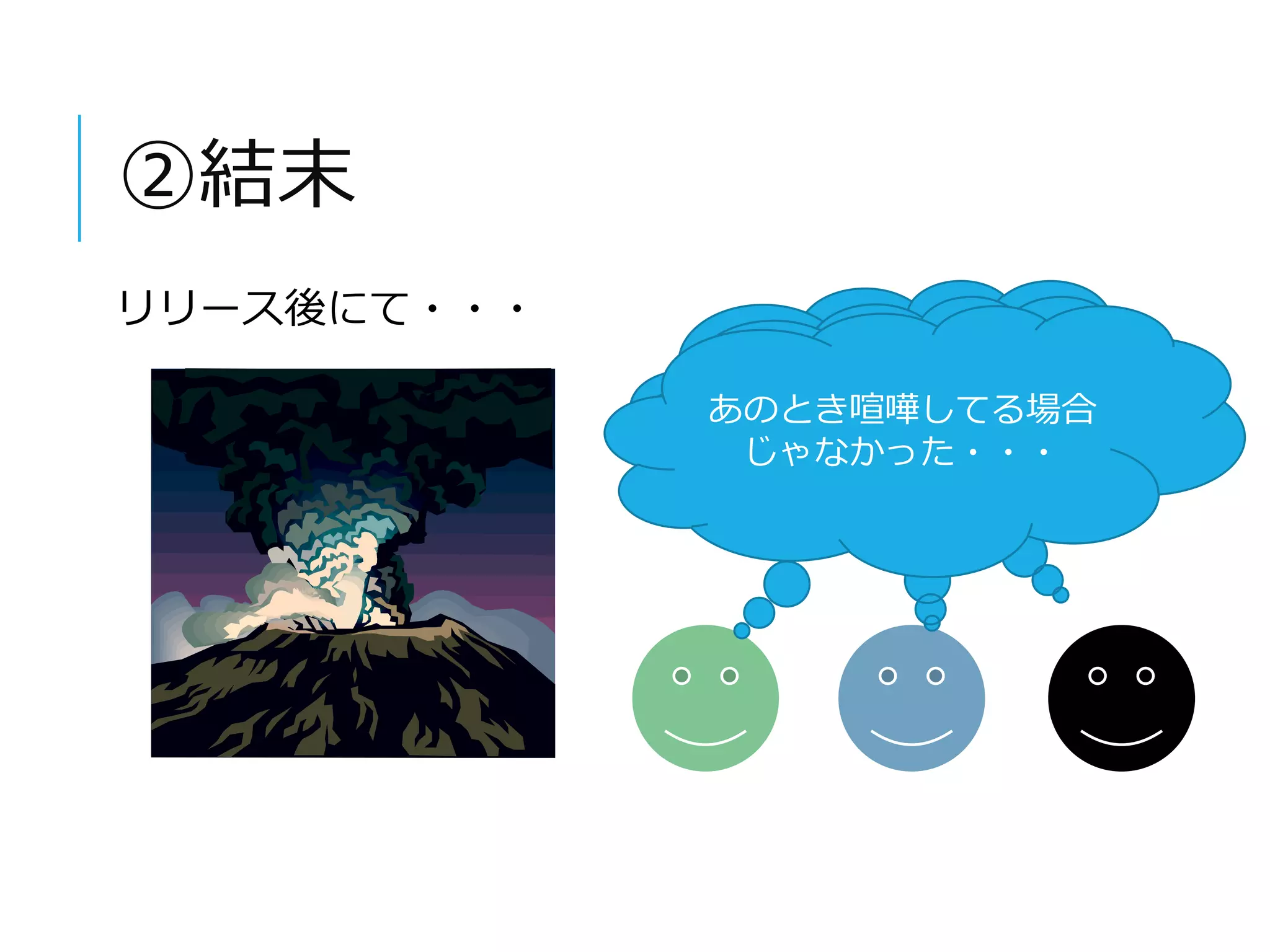 ②結末 
あのとき喧嘩してる場合じゃ 
ああののとときき喧喧嘩し嘩てしる場て合るじゃ 
場合 
なかった・・・ 
なかった・・・ 
じゃなかった・・・ 
リリース後にて・・・ 
 