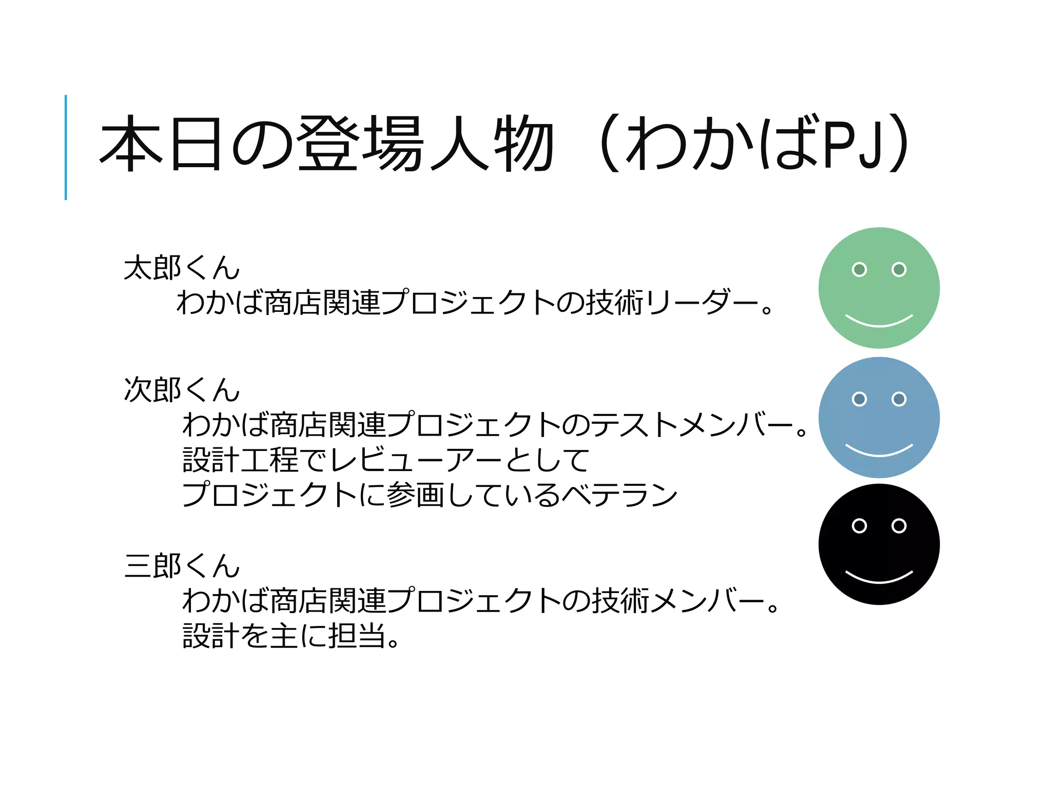 本日の登場人物（わかばPJ） 
太郎くん 
わかば商店関連プロジェクトの技術リーダー。 
次郎くん 
わかば商店関連プロジェクトのテストメンバー。 
設計工程でレビューアーとして 
プロジェクトに参画しているベテラン 
三郎くん 
わかば商店関連プロジェクトの技術メンバー。 
設計を主に担当。 
 