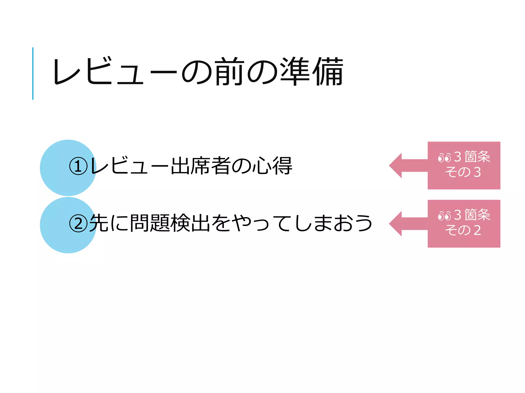 レビューの前の準備 
①レビュー出席者の心得 
３箇条 
その３ 
②先に問題検出をやってしまおう３箇条 
その２ 
 