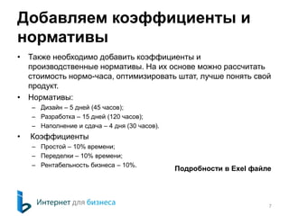 Добавляем коэффициенты и 
нормативы 
• Также необходимо добавить коэффициенты и 
производственные нормативы. На их основе можно рассчитать 
стоимость нормо-часа, оптимизировать штат, лучше понять свой 
продукт. 
• Нормативы: 
– Дизайн – 5 дней (45 часов); 
– Разработка – 15 дней (120 часов); 
– Наполнение и сдача – 4 дня (30 часов). 
• Коэффициенты 
– Простой – 10% времени; 
– Переделки – 10% времени; 
– Рентабельность бизнеса – 10%. 
Подробности в Exel файле 
7 
 
