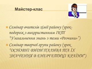 Майстер-клас 
 Семінар вчителів хімії району (урок- 
подорож з використанням ІКТ 
“Узагальнення знань з теми «Розчини»”) 
 Семінар творчої групи району (урок 
“ОСНОВНІ ВИДИ ПАЛИВА ТА ЇХ 
ЗНАЧЕННЯ В ЕНЕРГЕТИЦІ КРАЇНИ“) 
 
