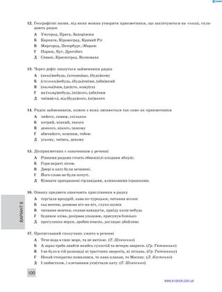 12. Географічні назви, від яких можна утворити прикметники, що закінчуються на -ський, скла- 
дають рядок 
А Ужгород, Прага, Запоріжжя 
Б Карпати, Кіровоград, Кривий Ріг 
В Миргород, Петербург, Збараж 
Г Париж, Буг, Дрогобич 
Д Сиваш, Красноград, Волноваха 
13. Через дефіс пишуться займенники рядка 
А (який)небудь, (хтозна)що, (будь)кому 
Б (скільки)небудь, (будь)чиїми, (аби)який 
В (казна)чим, (де)хто, кому(сь) 
Г на (чому)небудь, (ні)кого, (аби)чим 
Д чиїми(сь), від (будь)кого, (ні)якого 
14. Рядок займенників, кожен з яких змінюється так само як прикметники 
А чийого, самим, скількох 
Б котрий, ніякий, такого 
В деякого, нікого, іншому 
Г абичийого, кожним, тобою 
Д усьому, чиїмсь, декому 
15. Дієприкметник є означенням у реченні 
А Рівними рядами стоять обважнілі плодами яблуні. 
Б Гори вкриті лісом. 
В Двері в хату були зачинені. 
Г Його слова не були почуті. 
Д Кімнати прикрашені гірляндами, ялинковими іграшками. 
16. Ознаку предмета означають прислівники в рядку 
А торгівля вроздріб, кава по-турецьки, читання вголос 
Б сад восени, розмова віч-на-віч, глухо шумів 
В читання мовчки, сказав навздогін, приїду коли-небудь 
Г будинок зліва, розірвав уподовж, присунув близько 
Д прогулянка верхи, зробив вчасно, доглядає дбайливо 
Варіант 6 100 
17. Протиставний сполучник ужито в реченні 
А Тече вода в синє море, та не витікає. (Т. Шевченко) 
Б А зараз треба знайти якийсь сухостій та вечерю зварити. (Гр. Тютюнник) 
В І не було в тій розповіді ні трагічних зворотів, ні зітхань. (Гр. Тютюнник) 
Г Нехай стократно помилявся, то хана кликав, то Москву. (Л. Костенко) 
Д І любистком, і клечанням уквітчали хату. (Т. Шевченко) 
www.e-ranok.com.ua 
 