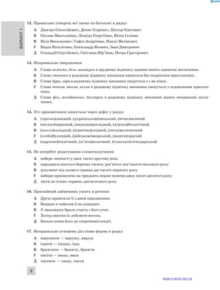 12. Правильно утворені всі імена по батькові в рядку 
Варіант 1 8 
А Дмитро Олексійович, Денис Ігоревич, Віктор Олегович 
Б Оксана Миколаївна, Зінаїда Георгіївна, Юлія Іллівна 
В Яків Васильович, Софія Андріївна, Павло Матвієвич 
Г Надія Віталієвна, Олександр Якович, Іван Дмитрович 
Д Геннадій Сергійович, Світлана Юр’ївна, Петро Григорович 
13. Неправильне твердження 
А Слова нежить, біль, шампунь в орудному відмінку однини мають однакові закінчення. 
Б Слово стаття в родовому відмінку множини пишеться без подвоєння приголосних. 
В Слова буря, зоря в родовому відмінку множини пишуться з ь на кінці. 
Г Слова тонна, ванна, вілла в родовому відмінку множини пишуться з подвоєнням приголо- 
сних. 
Д Слова фін, молдаванин, болгарин в родовому відмінку множини мають неоднакові закін­чення. 
14. Усі прикметники пишуться через дефіс у рядку 
А (гірсько)лижний, (українсько)німецький, (вічно)зелений 
Б (темно)червоний, (науково)дослідний, (хіміко)біологічний 
В (кисло)солодкий, (північно)східний, (легко)атлетичний 
Г (хлібо)булочний, (військово)морський, (жовто)гарячий 
Д (науково)технічний, (м’ясо)молочний, (сільсько)господарський 
15. Не потребує редагування словосполучення 
А набере чинності у двох тисяч другому році 
Б народився шостого березня тисячу дев’ятсот дев’яносто восьмого року 
В документ від сьомого травня дві тисячі першого року 
Г вибори призначено на тридцять перше жовтня двох тисяч десятого року 
Д звіти за січень-червень двітисячного року 
16. Присвійний займенник ужито в реченні 
А Друзі привітали її з днем народження. 
Б Вперше я побачив її на концерті. 
В У змаганнях брали участь і його учні. 
Г Холод змусив їх добувати вогонь. 
Д Батько повів його до спортивної секції. 
17. Неправильно утворена дієслівна форма в рядку 
А вирушити — вирушу, вируш 
Б їздити — їжджу, їздь 
В бряжчати — бряжчу, бряжчи 
Г висіти — вишу, виси 
Д чистити — чищу, чисти 
www.e-ranok.com.ua 
 