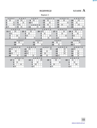 відповіді Бланк а 
Варіант 1 
А Б В Г А Б В Г А Б В Г А Б В Г Д А Б В Г Д А Б В Г Д 
1 5 9 12 16 20 
2 6 10 13 17 21 
3 7 А Б В Г Д 14 18 22 
4 8 11 15 19 23 
А Б В Г Д А Б В Г Д А Б В Г Д А Б В Г Д А Б В Г Д 
133 
24 1 25 1 26 1 27 1 28 1 
2 2 2 2 2 
3 3 3 3 3 
4 4 4 4 4 
А Б В Г А Б В Г А Б В Г А Б В Г 
29 31 33 35 
30 32 34 36 
А Б В Г Д А Б В Г Д А Б В Г Д А Б В Г Д А Б В Г Д 
37 41 45 49 53 
38 42 46 50 54 
39 43 47 51 55 
40 44 48 52 56 
А Б В Г Д А Б В Г Д А Б В Г Д А Б В Г Д 
57 1 58 1 59 1 60 1 
2 2 2 2 
3 3 3 3 
4 4 4 4 
www.e-ranok.com.ua 
 