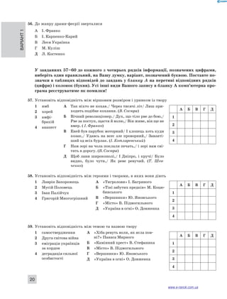56. До жанру драми-феєрії зверталися 
Варіант 1 20 
А І. Франко 
Б І. Карпенко-Карий 
В Леся Українка 
Г М. Куліш 
Д Л. Костенко 
У завданнях 57–60 до кожного з чотирьох рядків інформації, позначених цифрами, 
виберіть один правильний, на Вашу думку, варіант, позначений буквою. Поставте по­значки 
в таблицях відповідей до завдань у бланку А на перетині відповідних рядків 
(цифри) і колонок (букви). Усі інші види Вашого запису в бланку А комп’ютерна про­грама 
реєструватиме як помилки! 
57. Установіть відповідність між віршовим розміром і уривком із твору 
1 ямб 
2 хорей 
3 амфі- 
брахій 
4 анапест 
А Так ніхто не кохав./ Через тисячі літ/ Лиш при- 
ходить подібне кохання. (В. Сосюра) 
Б Вічний революціонер./ Дух, що тіло рве до бою,/ 
Рве за поступ, щастя й волю,/ Він живе, він ще не 
вмер. ( І. Франко) 
В Еней був парубок моторний/ І хлопець хоть куди 
козак,/ Удавсь на всеє зле проворний,/ Завзяті- 
ший од всіх бурлак. (І. Котляревський) 
Г Нам зорі на чола поклали печать,/ і зорі нам сві- 
тять в дорогу. (В. Сосюра) 
Д Щоб лани широкополі,/ І Дніпро, і кручі/ Було 
видно, було чути,/ Як реве ревучий. (Т. Шев­ченко) 
58. Установіть відповідність між героями і творами, в яких вони діють 
1 Лаврін Запорожець 
2 Мусій Половець 
3 Іван Палійчук 
4 Григорій Многогрішний 
А «Тигролови» І. Багряного 
Б «Тіні забутих предків» М. Коцю- 
бинського 
В «Вершники» Ю. Яновського 
Г «Місто» В. Підмогильного 
Д «Україна в огні» О. Довженка 
59. Установіть відповідність між темою та назвою твору 
1 самоствердження 
2 Друга світова війна 
3 еміграція українців 
за кордон 
4 деградація сильної 
особистості 
А «Хіба ревуть воли, як ясла пов­ні? 
» Панаса Мирного 
Б «Камінний хрест» В. Стефаника 
В «Місто» В. Підмогильного 
Г «Вершники» Ю. Яновського 
Д «Україна в огні» О. Довженка 
A Б В Г Д 
1 
2 
3 
4 
A Б В Г Д 
1 
2 
3 
4 
A Б В Г Д 
1 
2 
3 
4 
www.e-ranok.com.ua 
 