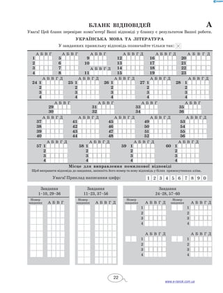 Бланк відповідей а 
Увага! Цей бланк перевіряє комп’ютер! Ваші відповіді у бланку є результатом Вашої роботи. 
Українсь ка мова та література 
У завданнях правильну відповідь позначайте тільки так: 
А Б В Г А Б В Г А Б В Г А Б В Г Д А Б В Г Д А Б В Г Д 
1 5 9 12 16 20 
2 6 10 13 17 21 
3 7 А Б В Г Д 14 18 22 
4 8 11 15 19 23 
А Б В Г Д А Б В Г Д А Б В Г Д А Б В Г Д А Б В Г Д 
24 1 25 1 26 1 27 1 28 1 
2 2 2 2 2 
3 3 3 3 3 
4 4 4 4 4 
А Б В Г А Б В Г А Б В Г А Б В Г 
29 31 33 35 
30 32 34 36 
А Б В Г Д А Б В Г Д А Б В Г Д А Б В Г Д А Б В Г Д 
37 41 45 49 53 
38 42 46 50 54 
39 43 47 51 55 
40 44 48 52 56 
А Б В Г Д А Б В Г Д А Б В Г Д А Б В Г Д 
57 1 58 1 59 1 60 1 
2 2 2 2 
3 3 3 3 
4 4 4 4 
Місце для виправлення помилкової відповіді 
Щоб виправити відповідь до завдання, запишіть його номер та нову відповідь у білих прямокутниках зліва. 
Увага! Приклад написання цифр: 1 2 3 4 5 6 7 8 9 0 
Завдання 
1–10, 29–36 
Номер 
завдання А Б В Г 
Завдання 
11–23, 37–56 
Номер 
завдання А Б В Г Д 
Завдання 
24–28, 57–60 
Номер 
завдання А Б В Г Д 
Номер 
завдання А Б В Г Д 
1 1 
2 2 
3 3 
4 4 
А Б В Г Д А Б В Г Д 
1 1 
2 2 
3 3 
4 4 
22 
www.e-ranok.com.ua 
 
