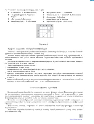 3 
57. Установіть пари жанрово споріднених творів 
1 «Intermezzo» М. Коцюбинського 
2 «Мартин Боруля» І. Карпенка- 
Карого 
3 «Тигролови» І. Багряного 
4 «Мені однаково…» Т. Шевченка 
А «Зачарована Десна» О. Довженка 
Б «Ти знаєш, що ти — людина?» В. Симоненка 
В «Чорна рада» П. Куліша 
Г «Мина Мазайло» М. Куліша 
Д «Я (Романтика)» М. Хвильового 
А Б В Г Д 
1 
2 
3 
4 
Частина 3 
Відкрите завдання з розгорнутою відповіддю 
У частині 3 Вам треба побудувати письмове висловлення (твір-мініатюру), в якому Ви маєте об- 
ґрунтовано довести запропоновану в завданні тезу. 
Частина 3 тесту перевіряє знання й уміння правильно формулювати тезу, аргументувати її, 
логічно викладати свої думки, робити висновок, доречно вживати слова, грамотно оформлювати 
написане. 
Запишіть своє висловлювання на розлінованих аркушах. Цього місця Вам вистачить, адже об- 
сяг твору має бути не більше 250 слів. 
Щоб отримати бали високого рівня: 
• дотримуйтеся заданої теми 
• правильно будуйте текст-роздум (теза, аргументи, висновок) 
• тезу й висновок формулюйте чітко 
• наводьте переконливі докази, аргументуючи свою думку: посилайтесь на приклади з художньої 
літератури (не відхиляючись на аналіз твору або його образів), історичні факти або випадки 
з життя 
• грамотно оформлюйте власне висловлювання, правильно вживаючи граматичні конструкції та 
лексику, не допускайте орфографічних і пунктуаційних помилок. 
Заповнення бланка відповідей 
Заповнення бланка відповідей є незвичною для учнів формою роботи. Практика свідчить, що 
під час зовнішнього оцінювання для записування відповідей до бланку учні витрачали багато часу, 
припускалися великої кількості виправлень, які комп’ютерна програма реєструвала як помилки. 
Це вплинуло на загальну кількість балів, яку отримав кожен учень. 
Перш ніж виконувати будь-який різновид тестових завдань, уважно прочитайте інструкцію, як 
заповнювати відповідну частину бланку: позначкою чи цифрами. Зразки написання цифр подані 
у бланку. 
Неправильно записані, закреслені або виправлені відповіді комп’ютер реєструє як помилку! 
Будьте уважні! 
Виправити неправильно записану відповідь можна у відповідній частині бланку (місці для ви- 
правлення помилок). 
www.e-ranok.com.ua 
 