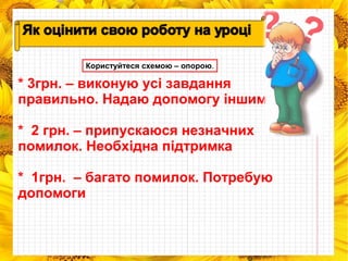 Користуйтеся схемою – опорою. 
* 3грн. – виконую усі завдання 
правильно. Надаю допомогу іншим. 
* 2 грн. – припускаюся незначних 
помилок. Необхідна підтримка 
* 1грн. – багато помилок. Потребую 
допомоги 
 