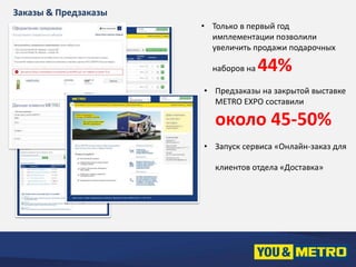 Заказы & Предзаказы 
• Только в первый год 
имплементации позволили 
увеличить продажи подарочных 
наборов на 44% 
• Предзаказы на закрытой выставке 
METRO EXPO составили 
около 45-50% 
• Запуск сервиса «Онлайн-заказ для 
клиентов отдела «Доставка» 
 